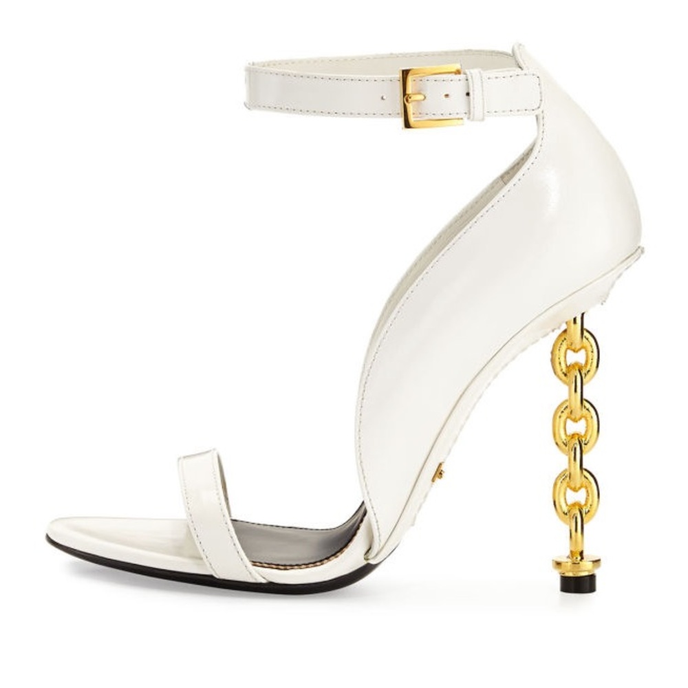 Tom Ford White Leather Ankle-Strap Sandal with Gold Chain-Link Stiletto